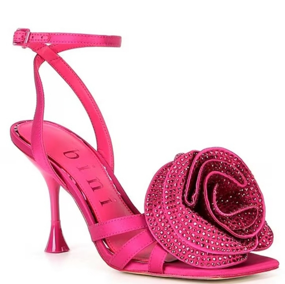 NEW Gianni Bini Iman Pink Satin Rhinestone Rose Square Toe High Heel Sandals - Picture 1 of 16